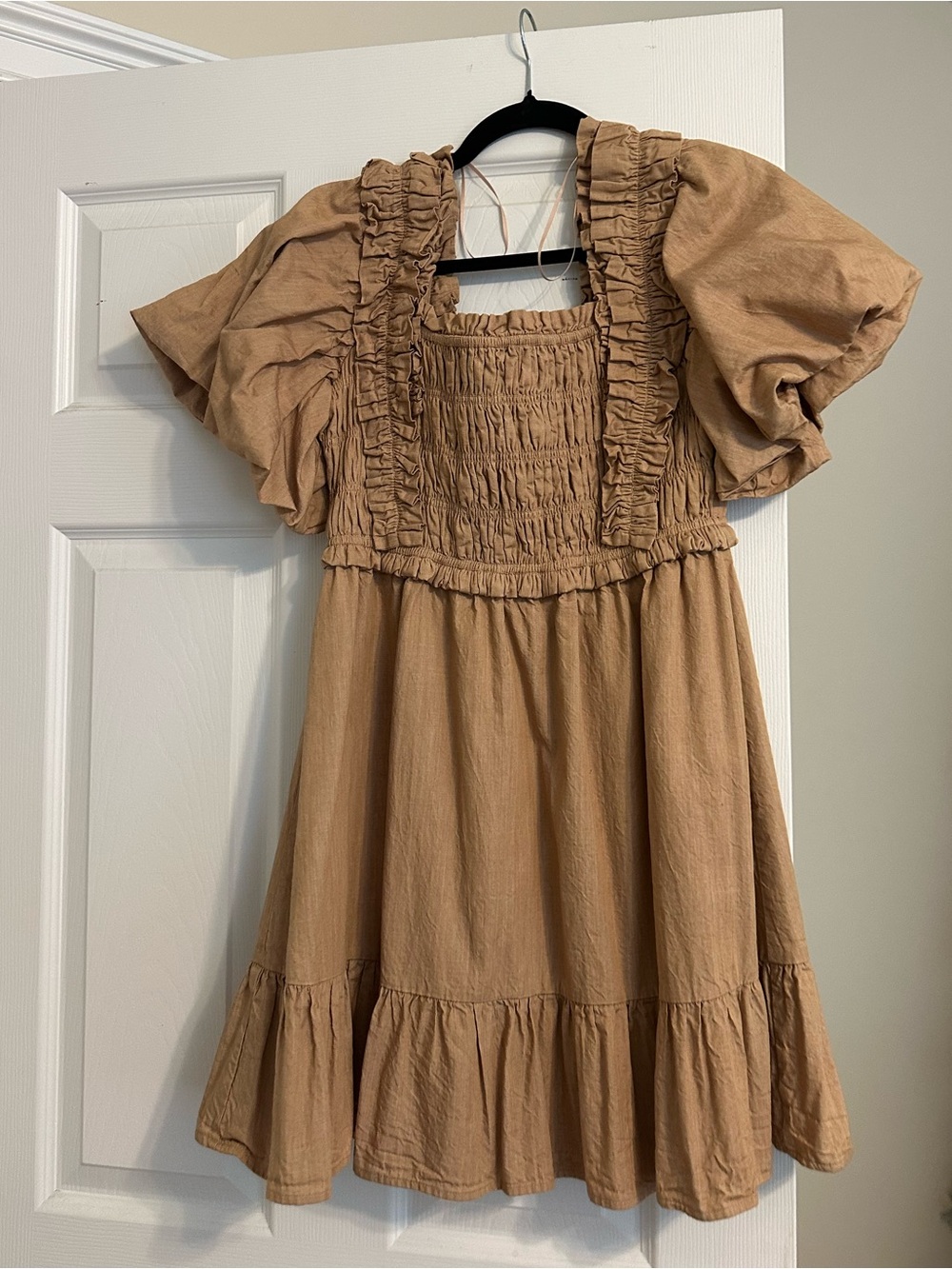 Tan puff sleeve English factory mini dress